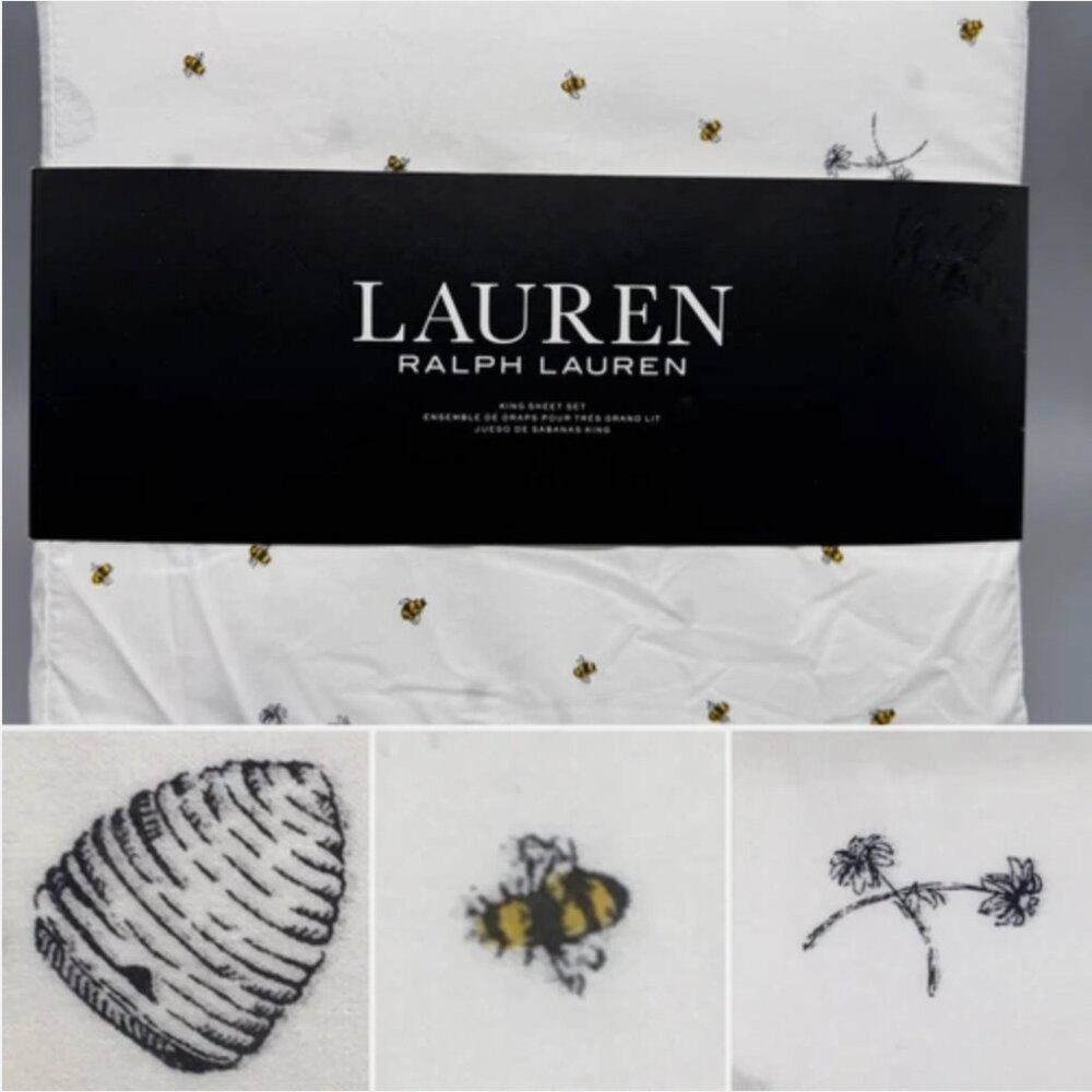 Ralph Lauren KING Sheet Set Bumble Bee Hive Flowers Cotton 18" X-Deep Mattress